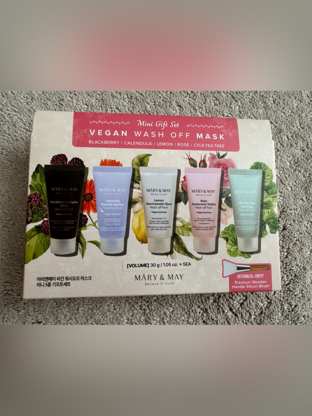 Mary & May vegan korean wash off mask mini gift set with free silicone brush